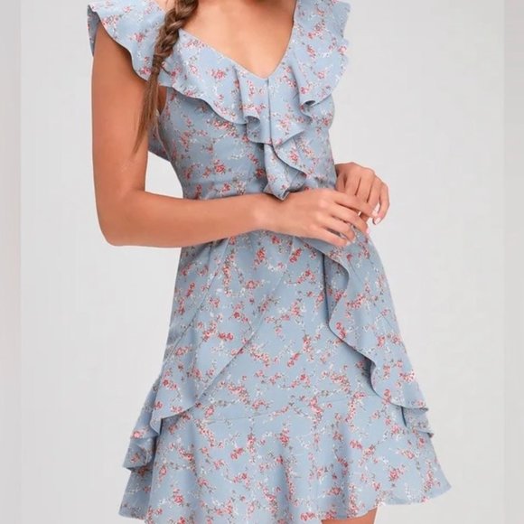 Lulu’s Radiant Rosa Light Blue Floral Print Ruffled Mini Dress Size Small - Picture 2 of 9